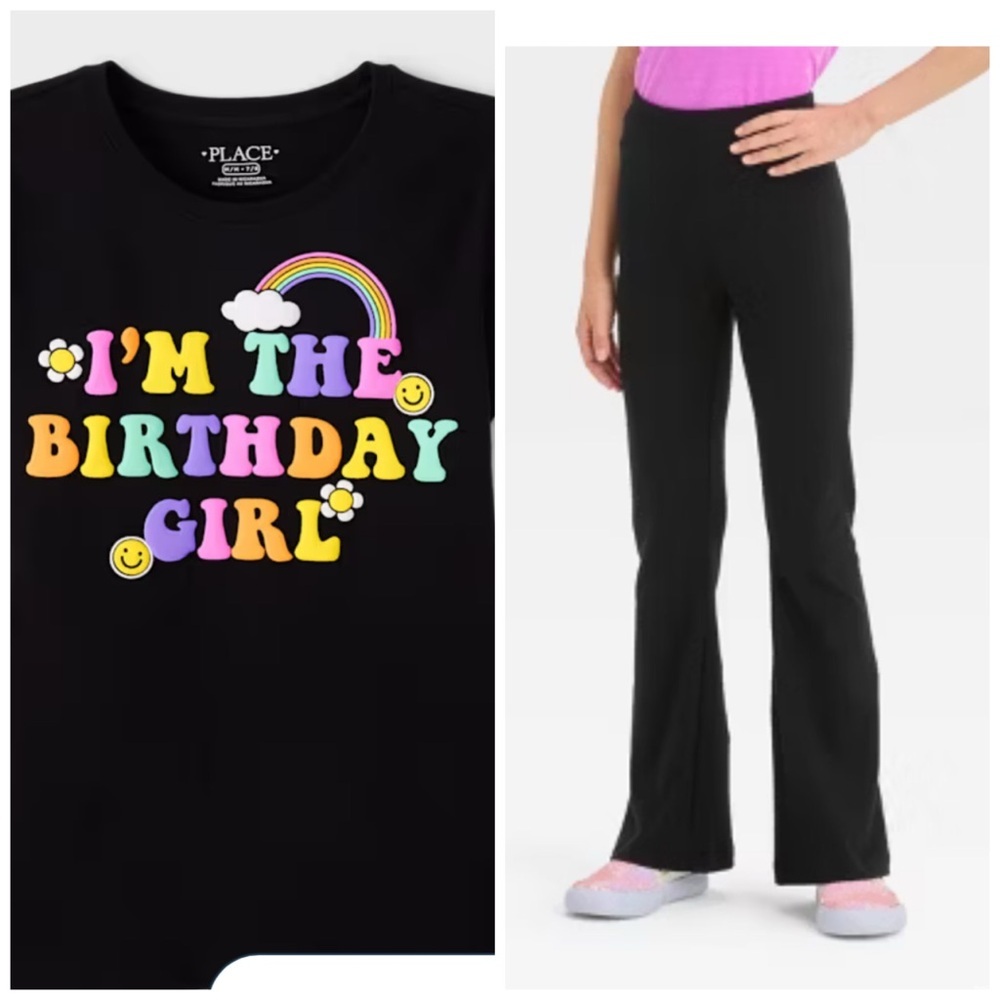 The Children's Place Black Birthday Girl and Cat & Jack flare leggings size 7